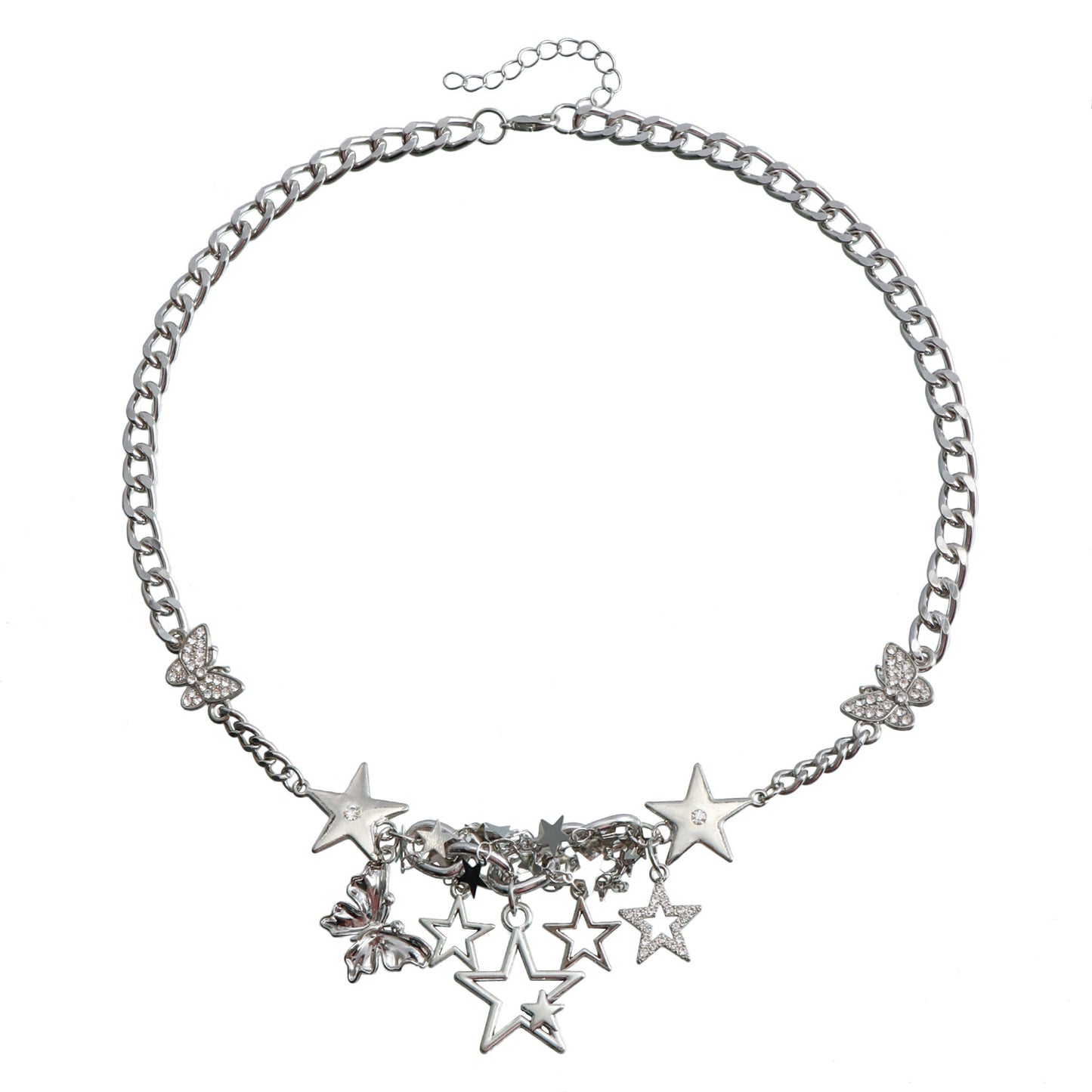 Collar con colgante de mariposa y estrella de estilo hip-hop atrevido para mujer con cadena de aleación y acabado galvanizado
