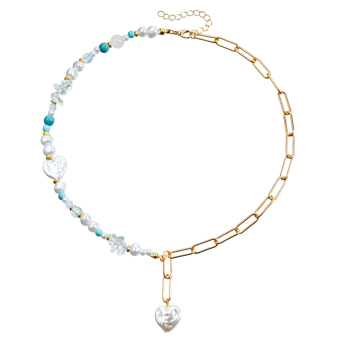 Fashion Minimalist Geometric Beaded Necklace with Imitation Pearls and Plated Metal Chain for Women