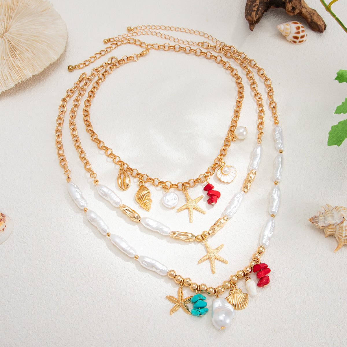 Sweet Plated Zinc Alloy Starfish and Pearl Pendant Necklace for Women