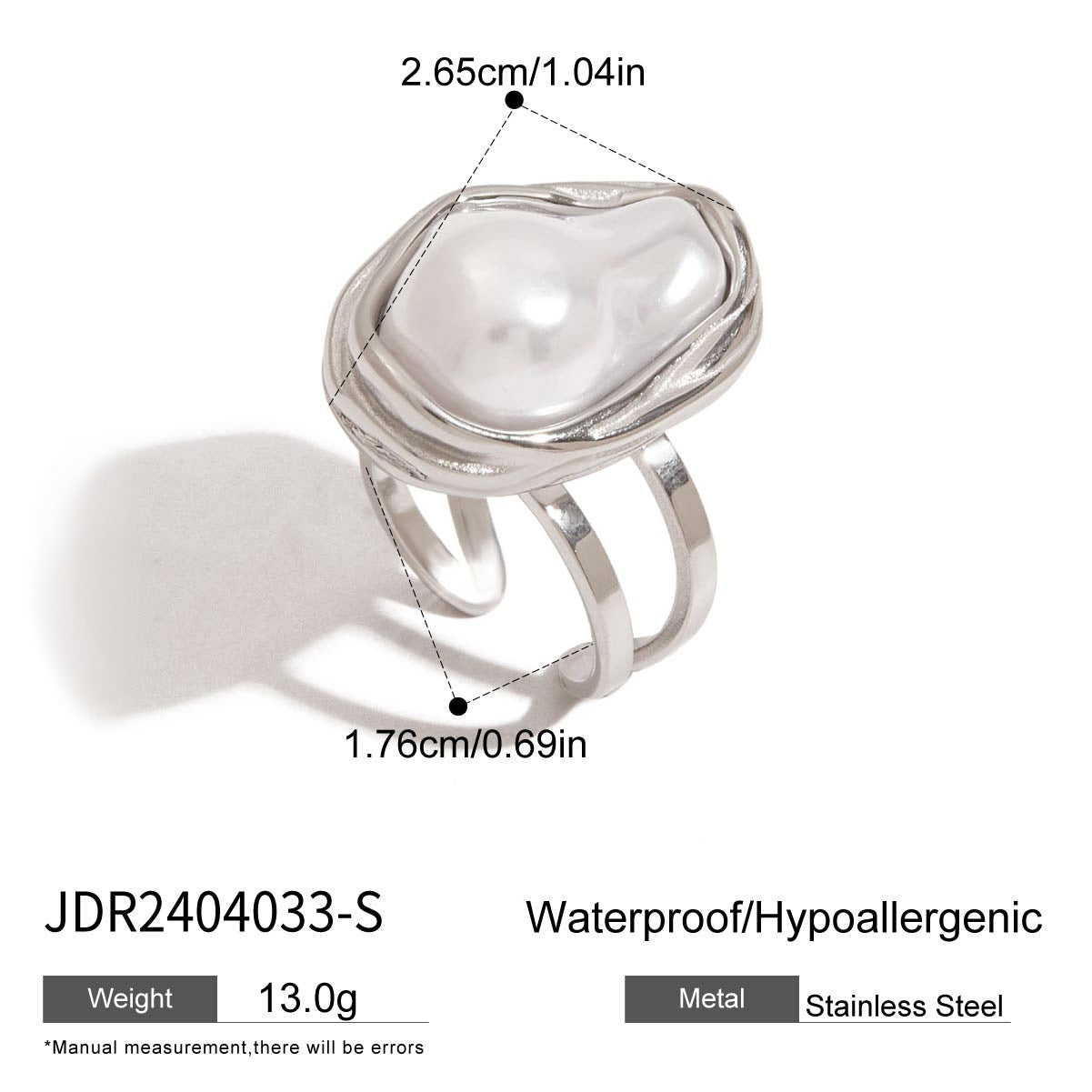 Fashion Geometric Oval Baroque Pearl Plated Titanium Steel Ring for Women