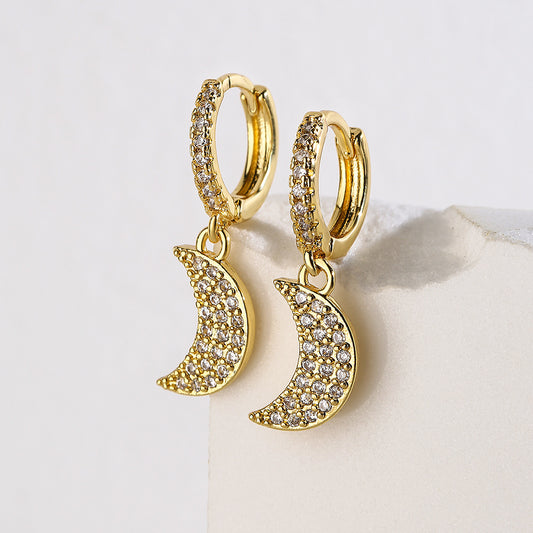 Minimalist Moon-Shaped Copper Earrings with 18K Gold Plating and Micro-Paved Zirconia for Women