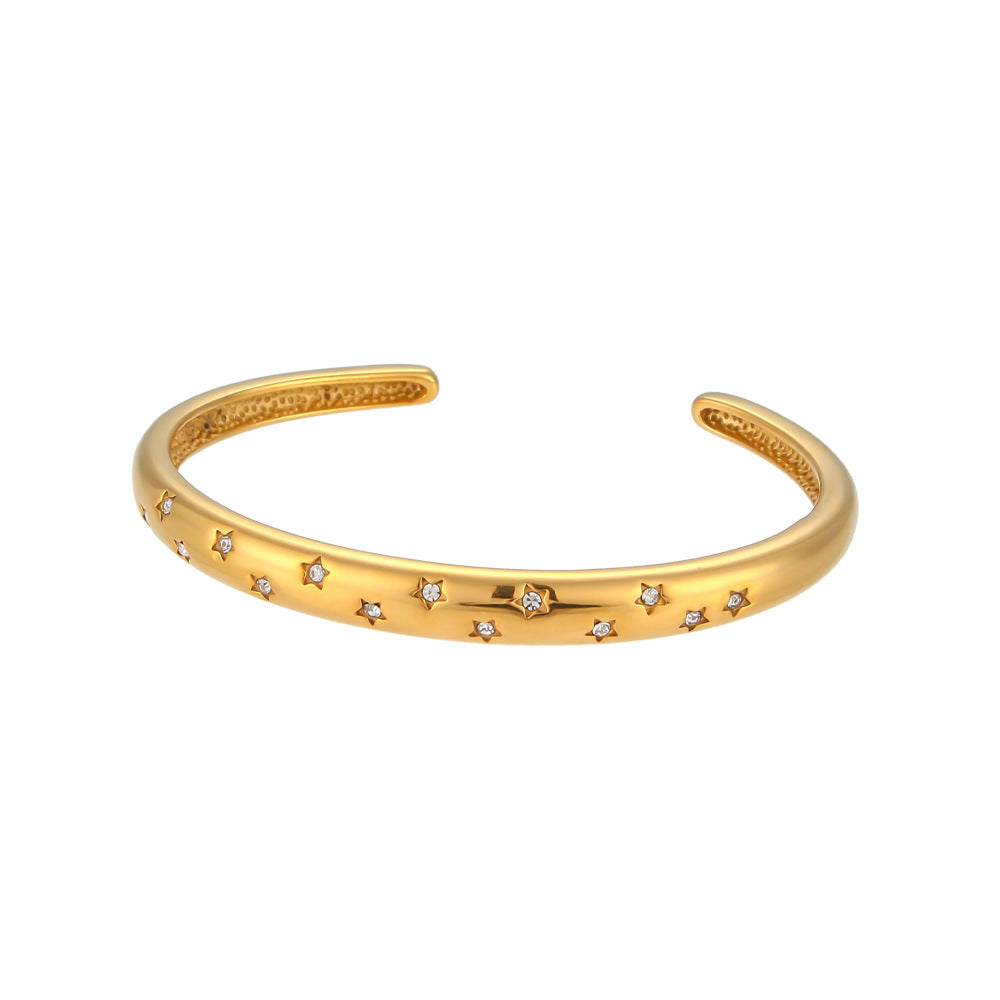 Bracciale minimalista da donna in acciaio al titanio con forma a ottagramma e intarsio in zircone rotondo, polsino in acciaio inossidabile elettroplaccato