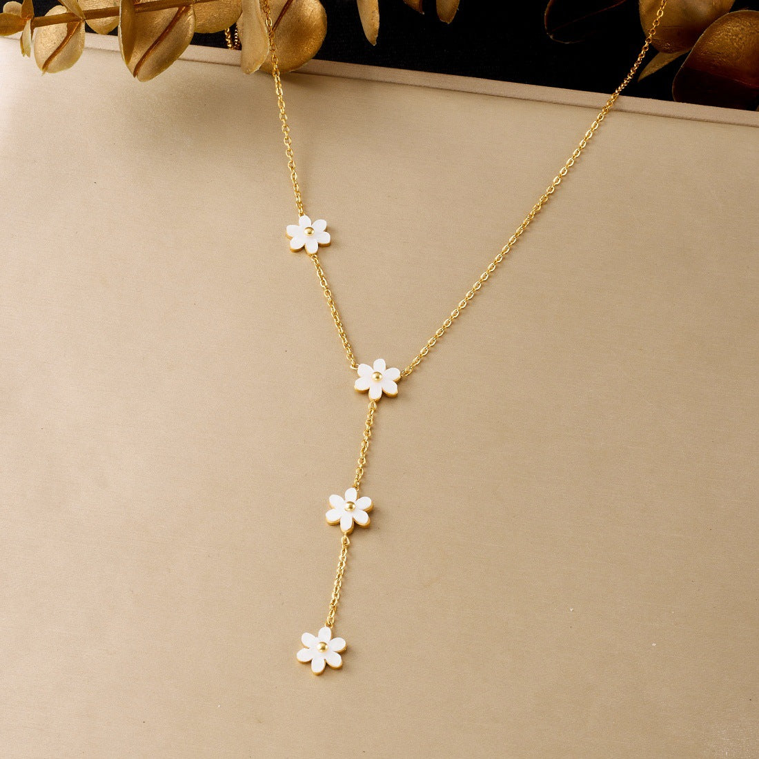 Sweet Gold Plated Stainless Steel Floral Tassel Y-Shape Chain Necklace for Women