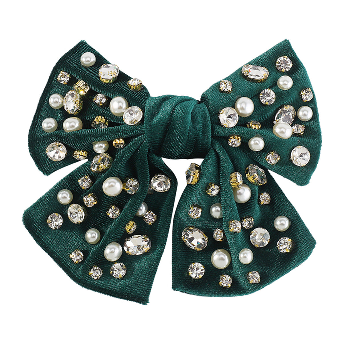 Fermaglio per Capelli Vintage Dolce e Audace con Fiocco, Intarsio di Strass e Dettagli di Perle su Base in Tessuto di Velluto a Coste per Donna