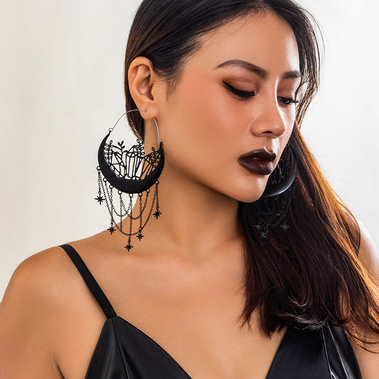 Pendientes de borla florales huecos con forma de estrella de estilo gótico para mujer con cuerpo de aleación y acabado galvanizado