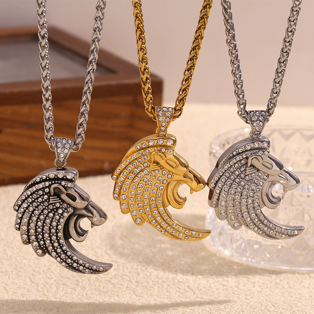 Hip Hop Style Lion Pendant Necklace for Men Stainless Steel with 18K Gold Plating and Full Rhinestone Accents on Standard Chain