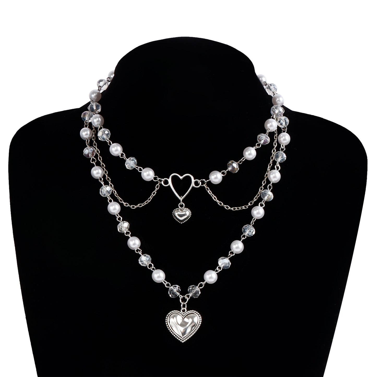 Sweet Fashionable Heart-Shaped Multi-Layer Pendant Necklace for Women with Imitation Pearl Accents and Plated Alloy Charm on Clavicle Chain