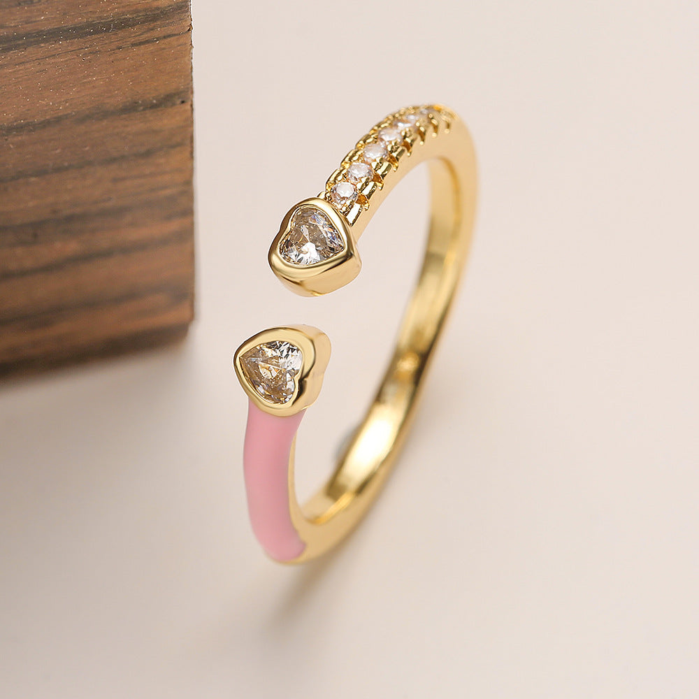 Anello Aperto Geometrico Minimalista da Donna in Ottone con Placcatura in Oro Vero e Finitura Smaltata con Intarsio in Zirconia Cubica