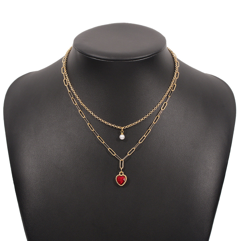 Collar de perlas geométrico minimalista con cadena de aleación chapada en oro para mujer, diseño de doble capa hasta la clavícula