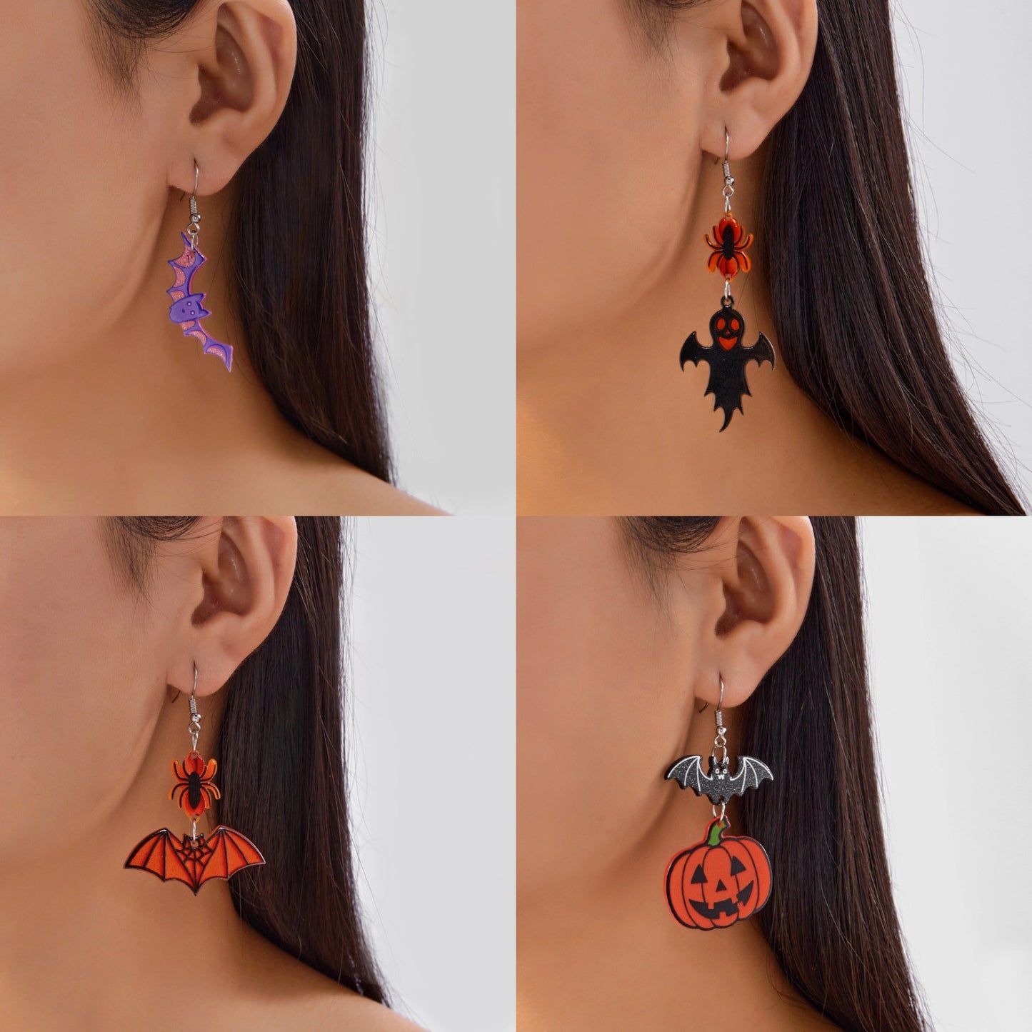 Orecchini Asimmetrici in Acrilico a Tema Halloween con Pipistrello Zucca Ragno Fantasma e Motivo Stampato per Uomo e Donna
