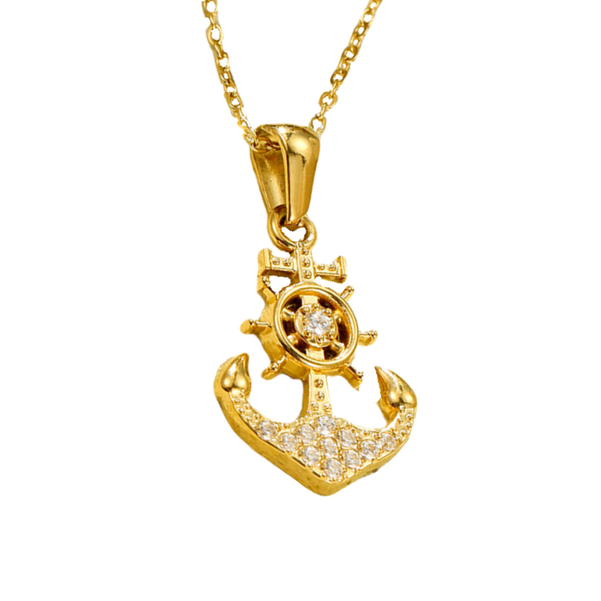 Vintage Nautical Anchor Pendant Necklace in Stainless Steel with Rhinestone Inlay for Women