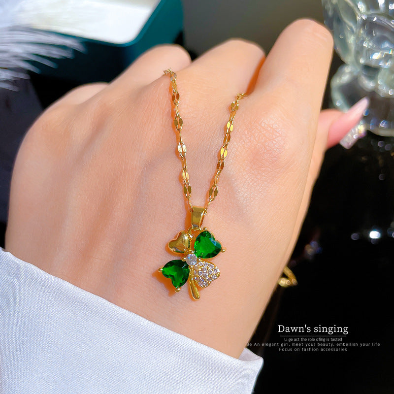 Luxury Minimalist Sweet Pavé Zircon Green Gemstone Four-Petal Flower Necklace in Titanium Steel with Gold Plating