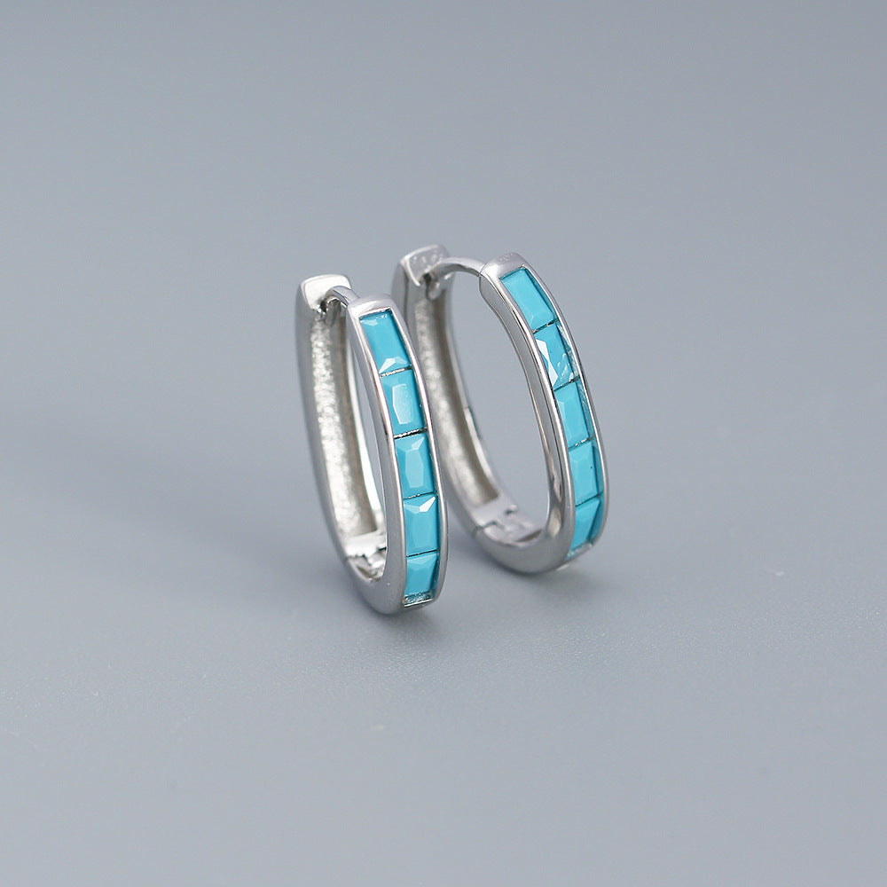 Vintage French-Style Enamel U-Shaped Earrings in Sterling Silver with Geometric Design for Women