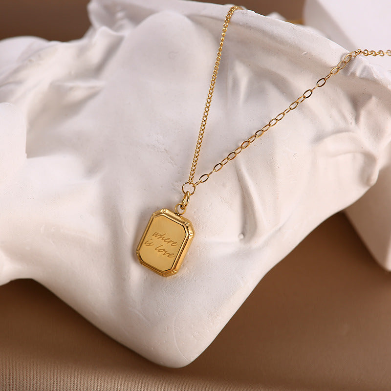 Minimalist Square Chocolate-Inspired Titanium Steel Necklace with Geometric Frame Pendant on Wavy Chain for Women and Men