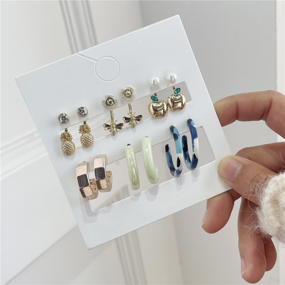 Geometric Alloy and Acrylic Earring Set with Pearl for Women