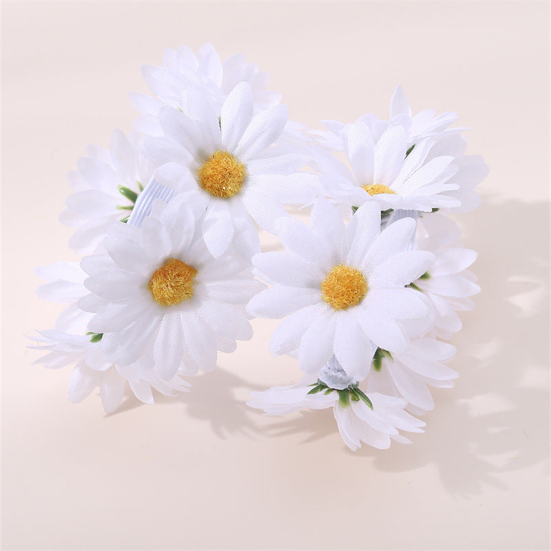 Cute Floral Hair Tie with Pink Flowers and White Daisy Design, Minimalist Pearl-Embellished Fabric Hairband for Kids