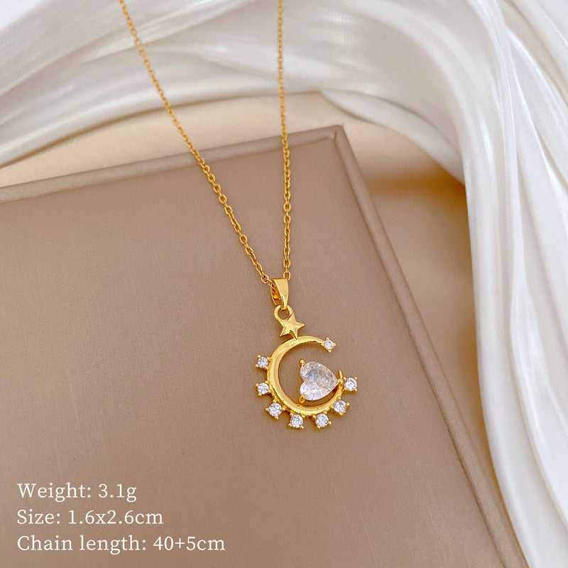 Minimalist Moon Star Heart Geometric Pendant Necklace for Women Stainless Steel Snake Chain with Full Rhinestone Accents
