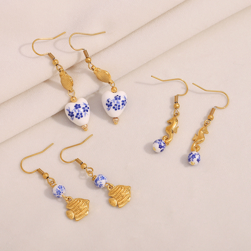 Vintage Style Fish-Shaped Stainless Steel Earrings with 18K Gold Plating and Abalone Inlay for Women