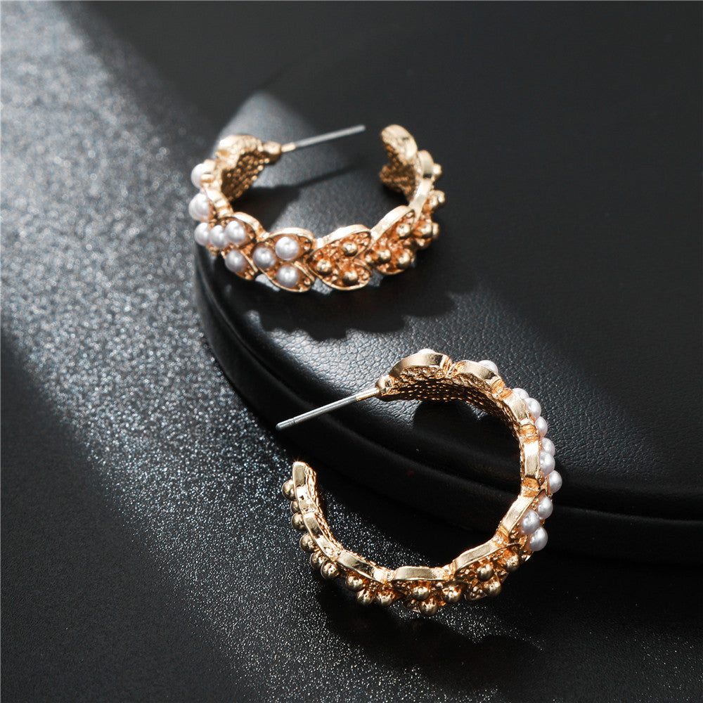 Minimalist Elegant Geometric Pearl Hoop Earrings for Women Alloy Electroplated Stainless Steel Ear Studs