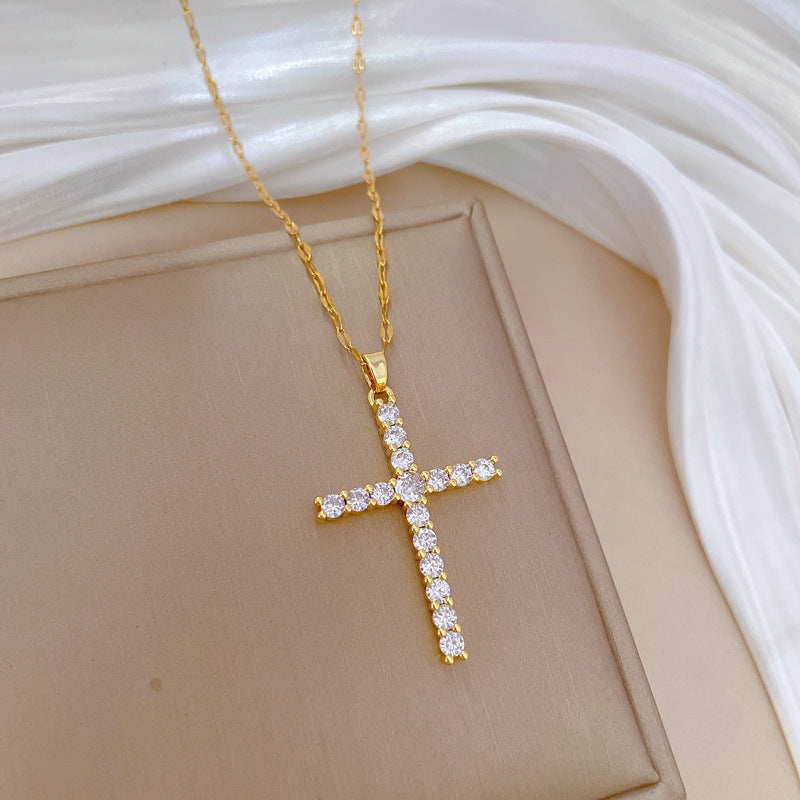 Minimalist Titanium Steel Cross Pendant Necklace with Zircon Inlay Geometric Design for Clavicle Wear Unisex Fashion Jewelry