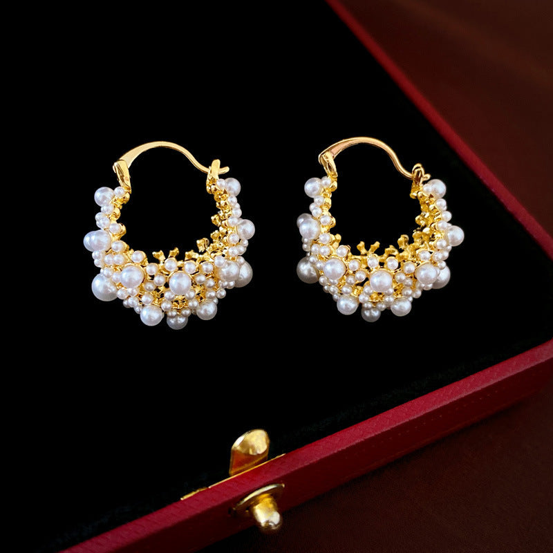 Eleganti Orecchini a Perno da Donna in Stile Francese Vintage con Zirconi Geometrici e Perle Imitazione