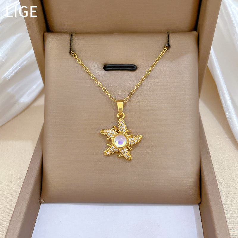 Sweet Minimalist Colorful Star Rhinestone Pendant Titanium Steel Necklace for Unisex