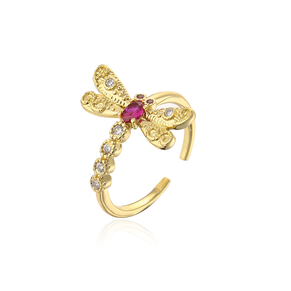 Minimalist Butterfly and Dragonfly Shaped Adjustable Copper Ring with Real Gold Plating and Zircon Inlay for Women