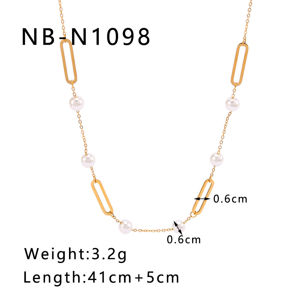 Minimalist Oval Hollow Pearl Necklace in Titanium Steel with 18K Gold Plating on O-Chain for Women