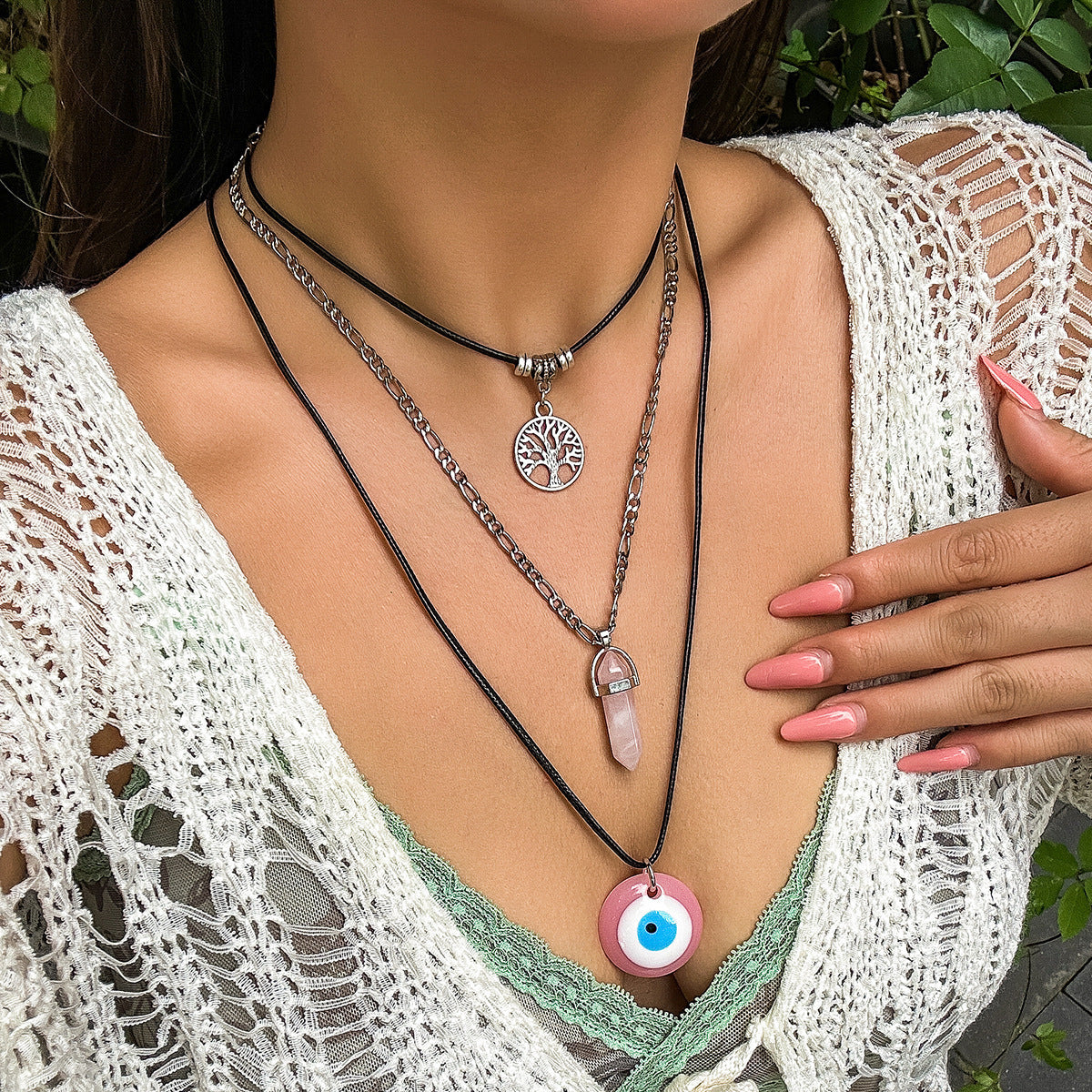 Collana vintage a U con perline in lega con occhio di Allah e perla da donna