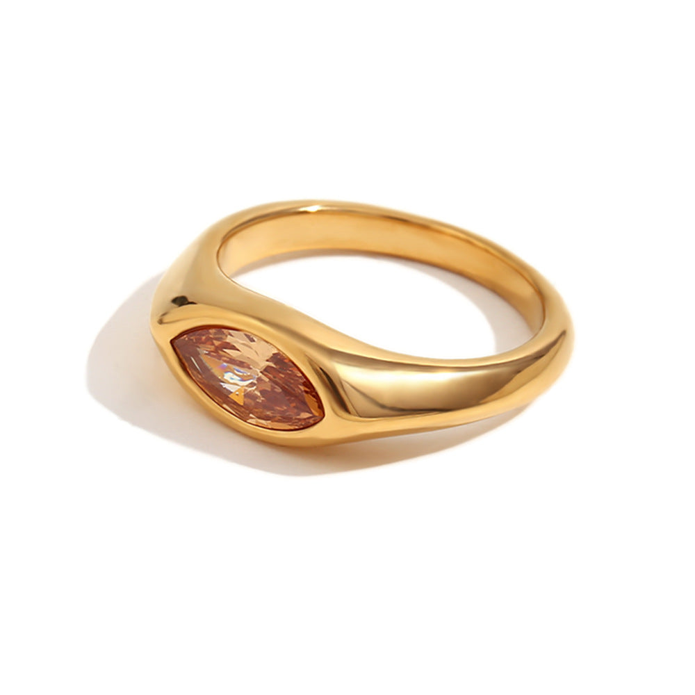 Anillo de Acero Inoxidable Geométrico Minimalista con Baño de Oro de 18K y Piedra de Zirconia Marquesa para Mujer
