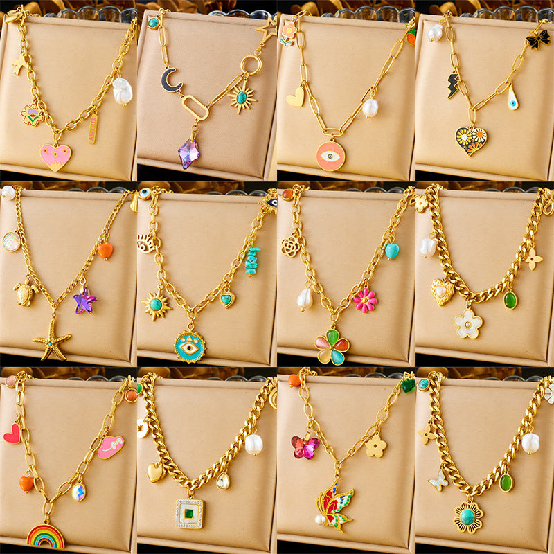 Fashion Colorful Drip Oil Flower Butterfly Eye Pendant Stainless Steel Cable Chain Necklace for Women
